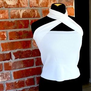 Crop top white large shirt with crisscross neck